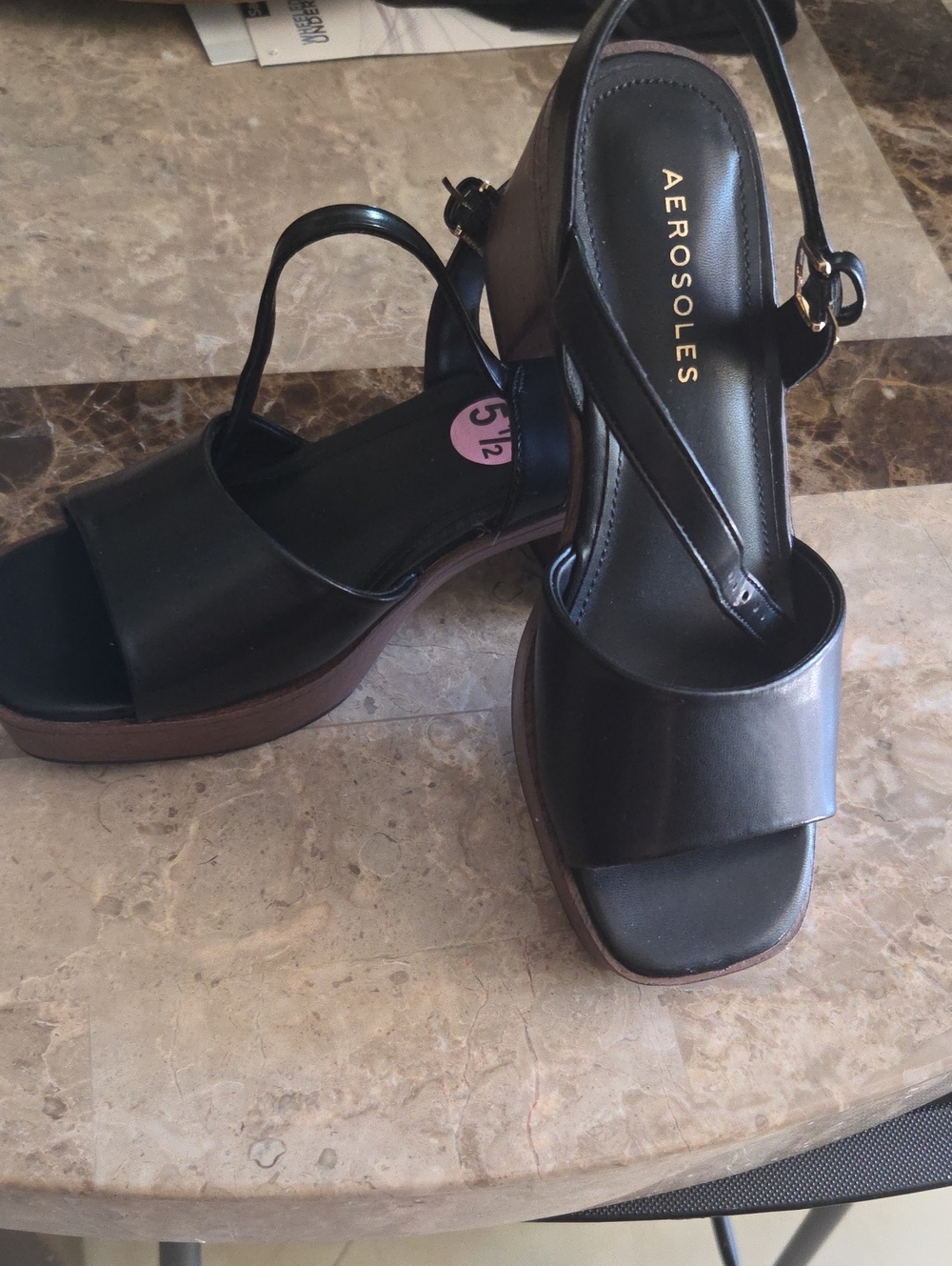 AEROSOLES Black Platform Slingback Sandals with Brown Sole